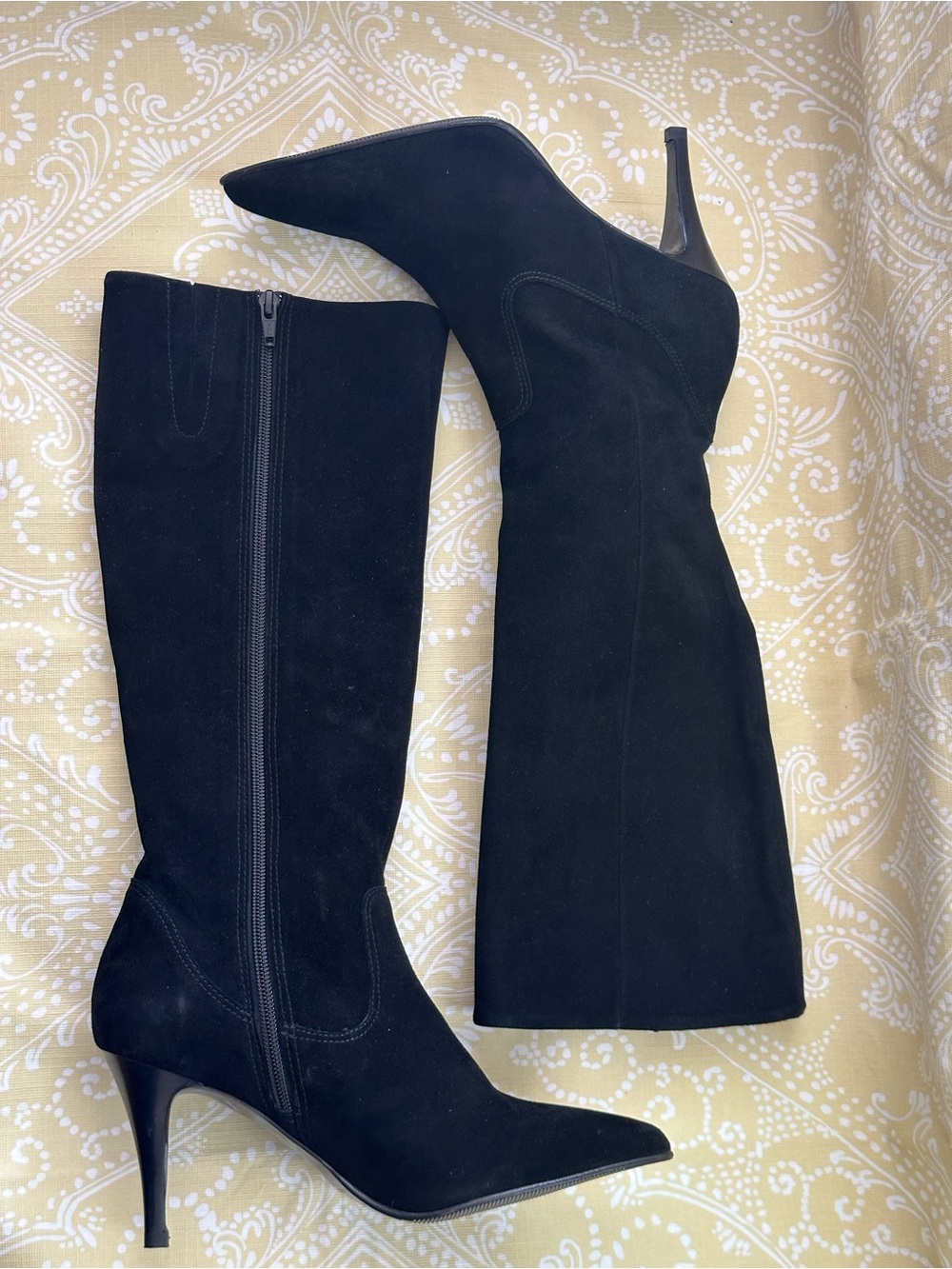 Antonio De Falia Classic Black Suede Pointed-Toe Knee Boots with Stiletto Heel